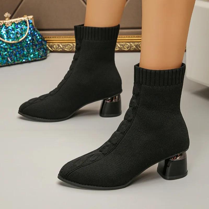 Women 2025 New Elegant Knitted Stretch Fabric Ankle Boots Spring Autumn Pointed Square Heels Sewing Chelsea Boots Women