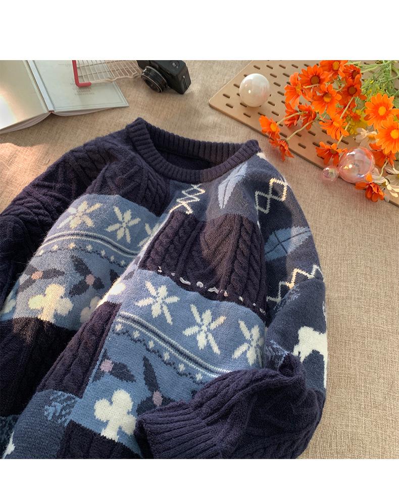 Men's Retro Patchwork Knit Sweater: Warm, Thick, Stylish, and Loose-Fit Winter Jacket