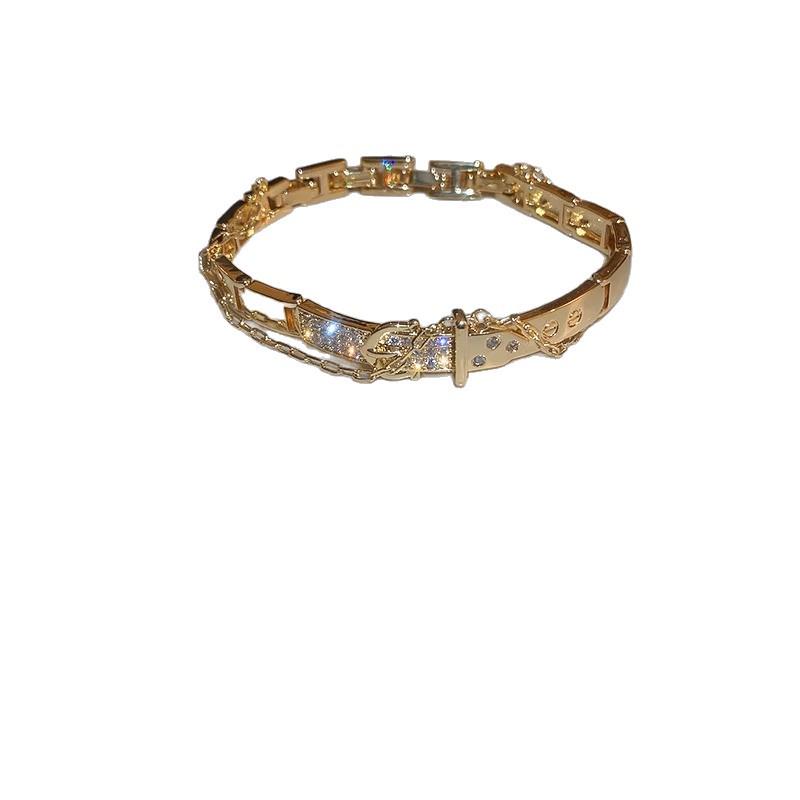 Exquisite Zircon-Gold Belt Buckle Bracelet: Luxurious Double-Layer Bangle for Chic Commuting Fashion
