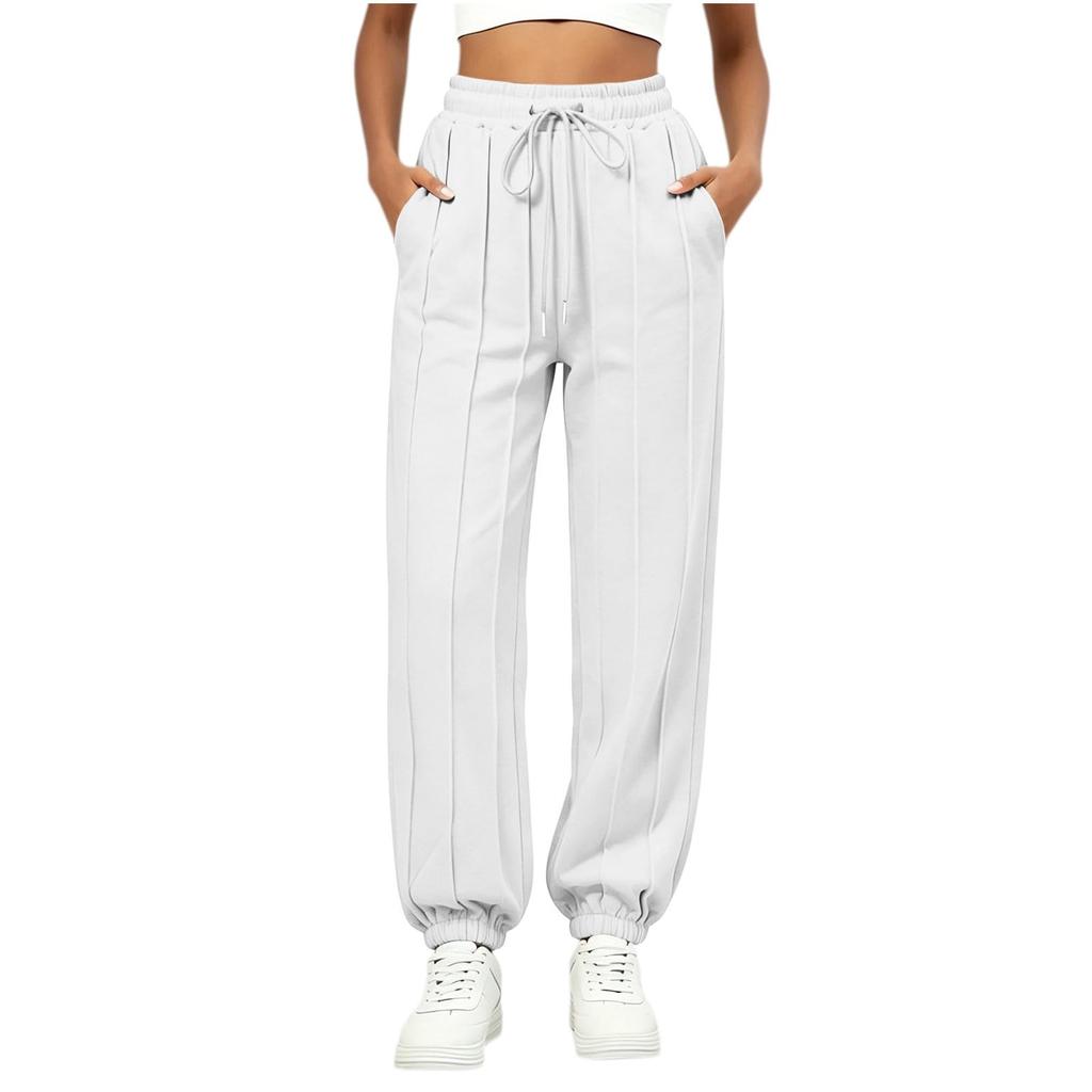 Women's Casual Color Loose Fit Drawstring Pants with Pockets and Tapered Cuffed Hem