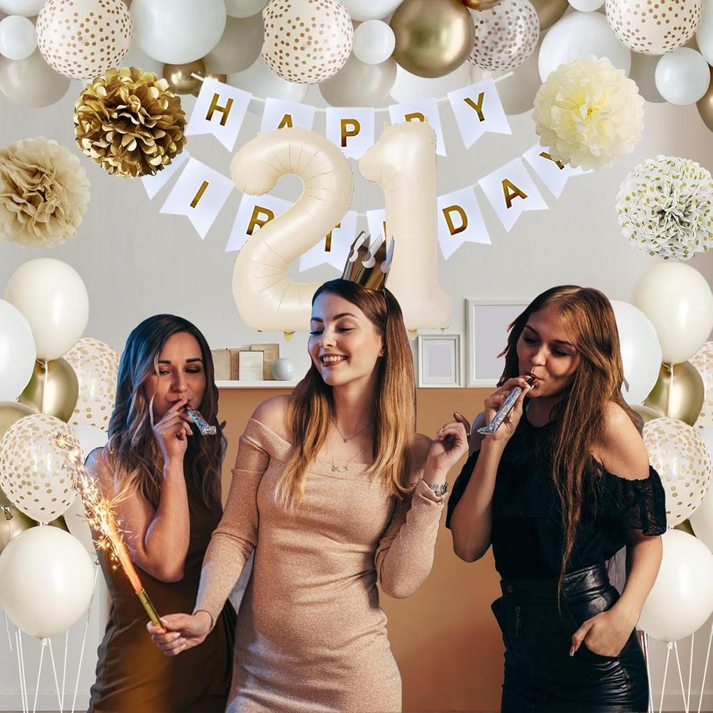 21st Birthday Decorations for Her, Happy 21st Bday Decorations White and Gold Balloons Happy Birthday Banner Tablecloth Fringe Curtain Cake Topper