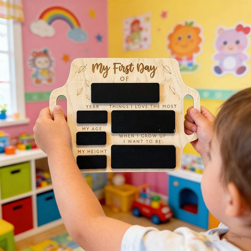 Wooden First Day Of School Sign With Handle Personalized Memory Photo Board Reusable Wooden Message Board Nursery Preschool