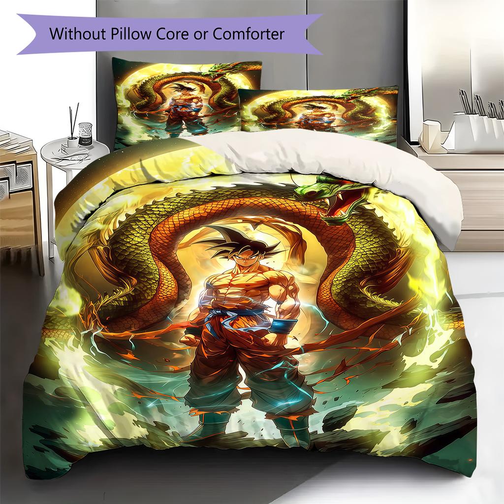 Son Goku Pattern Bedding,Quilt Set Quilt Cover Pillowcase Home Birthday Gift (1 * Duvet Cover + 2 * Pillowcase, Without Core)