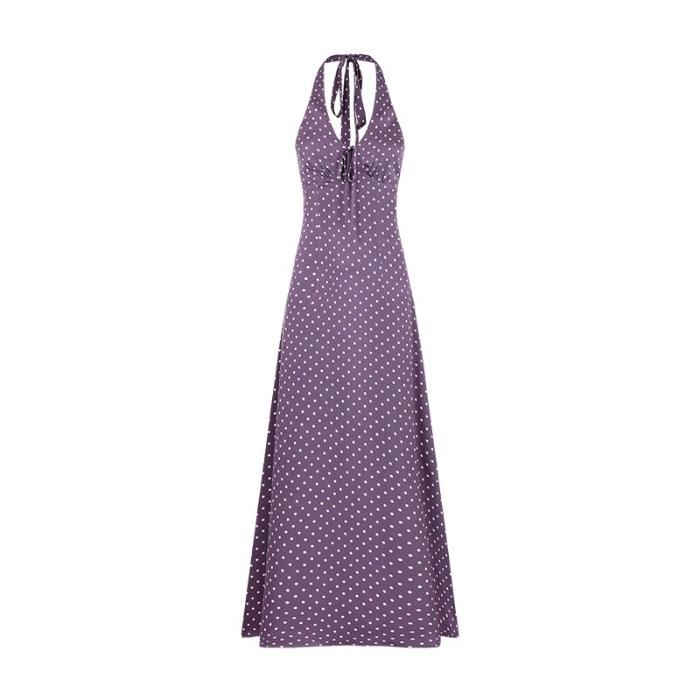 Purple polka dot neck dress women s spring and summer French vacation style temperament v-neck waist and thin dress S