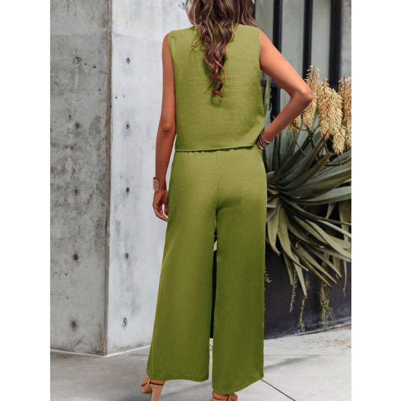 Terno feminino casual de verão com cor sólida e calça de perna larga