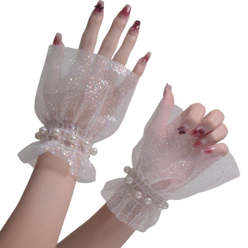 

1pair Elegant White Fingerless Oversleeves Bridal Gloves Sunscreen Sleeves for Bride and Girls with Pearls 1 білий