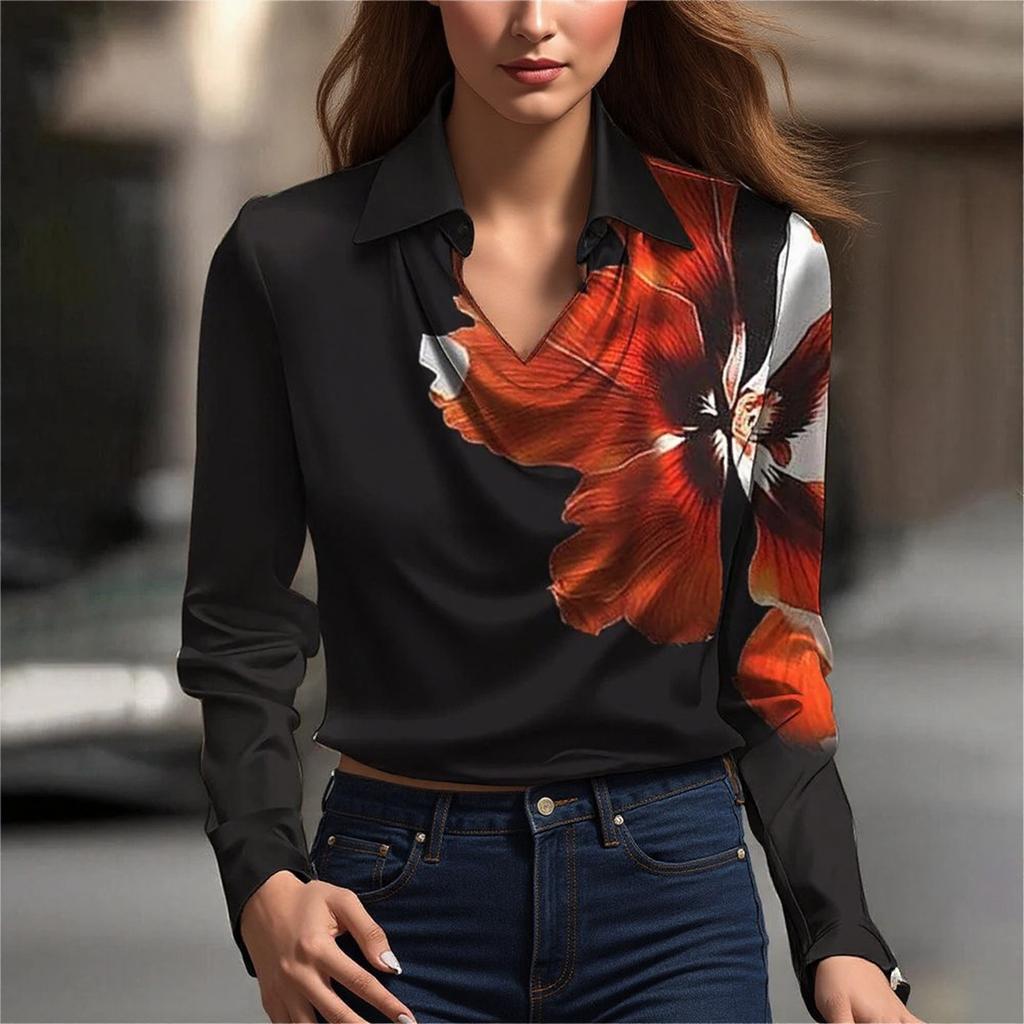 Kadın Modası Baskılı V Yaka Uzun Kollu Mizaç Kazak Gömlek Üst