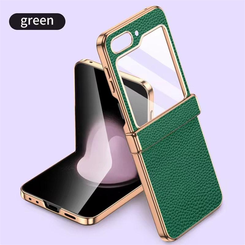 Telefonveske av okseskinn til Samsung Galaxy Z Flip6 Flip5 Flip 6 5 ZFlip5 Luksus hengselbeskyttelsesdeksel med herdet glass