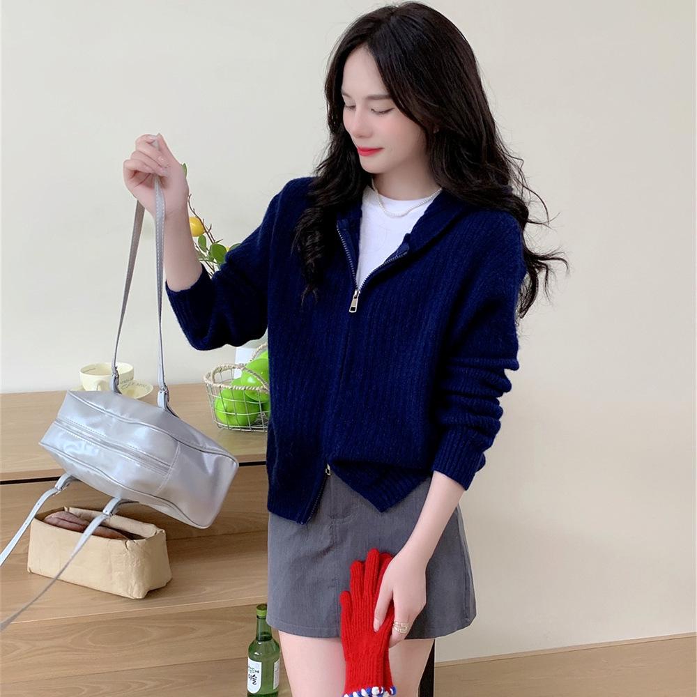 

Женский вязаный кардиган с капюшоном в корейском стиле - Уютный, свободного кроя, универсальный свитер-топ для осени/зимы One Size Fits 80-120 темно-синий