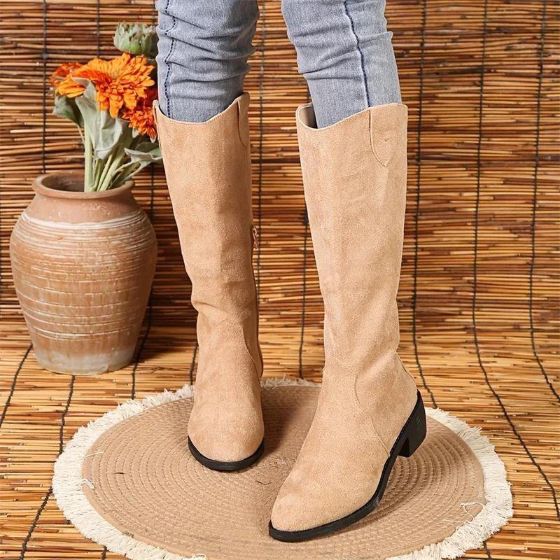 Fashion Pointed Toe Women Suede Motorcycle Boots Autumn 2024 Knee High Fashion Mid Heels Chunky Zipper Chelsea Boots Zapatos Mujer Boats