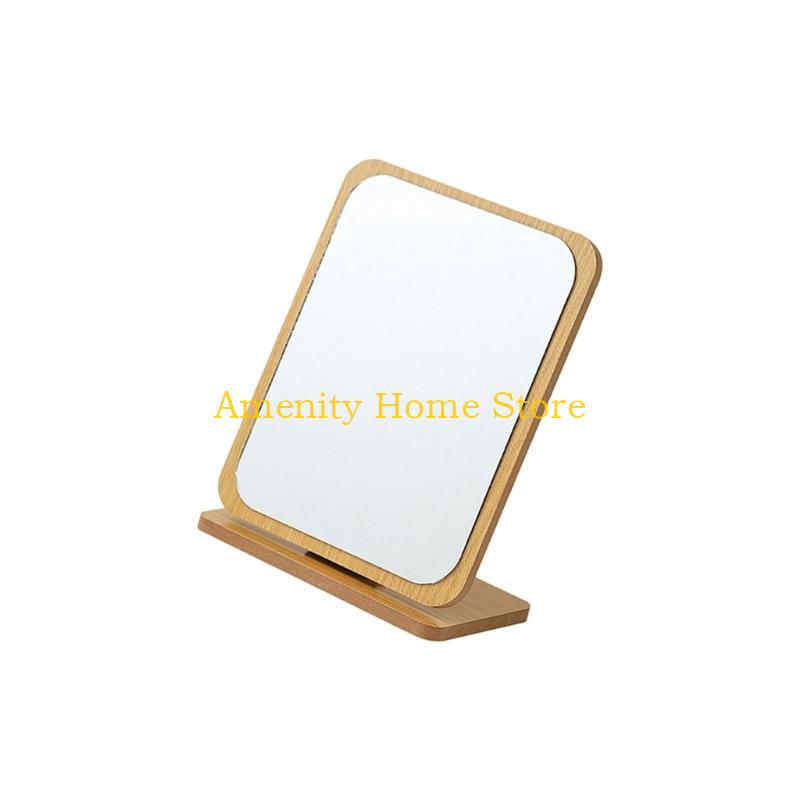 F26C Elegant Desk Makeup Mirror Cosmetic Mirror with Wooden Stand Vanity Mirror Rotatable Makeup Mirror Dormitory Room Decors