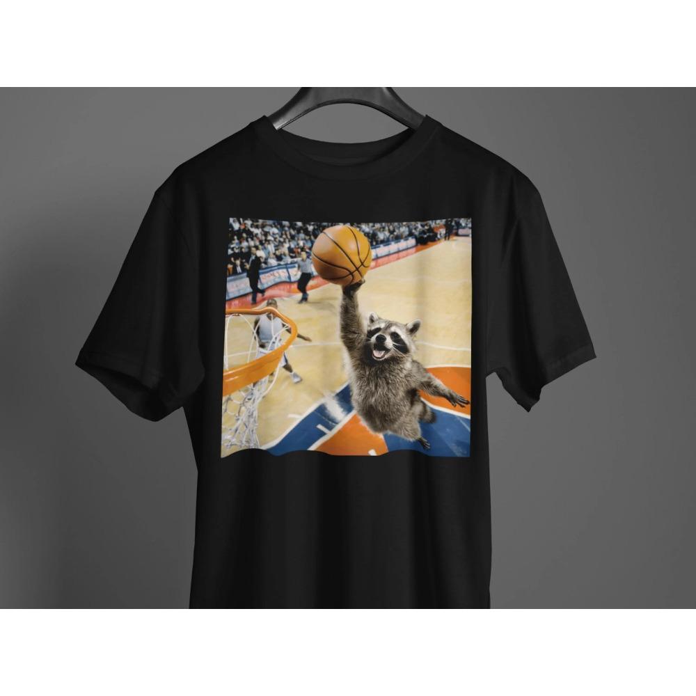 

Funny Raccoon Basketball Dunk T-Shirt Meme Animal Graphic Tee Men s and Women s Loose and Breathable T-shirt Top S