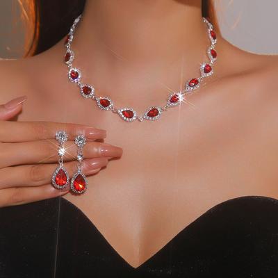 Beliebtes zweiteiliges Set mit rotem Edelstein Schmuck, Wassertropfen Halskette, Ohrringe Set, Brautschmuck, Bankett Modell.