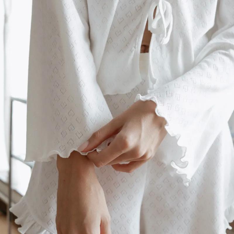 European and American women's long-sleeved sexy pajamas pure cotton thin shorts two-piece comfortable cardigan loungewear set
