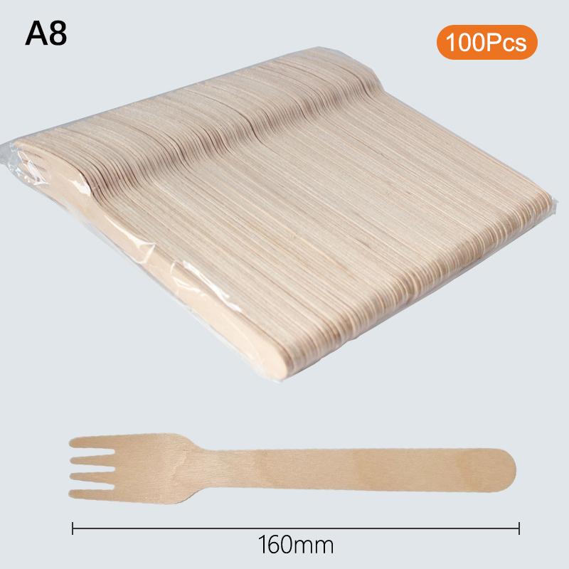 100Pcs Disposable Wooden Cutlery Set with Spoon Fork Knife for Party Ice Cream Yogurt Dessert High-Quality Tableware Pack