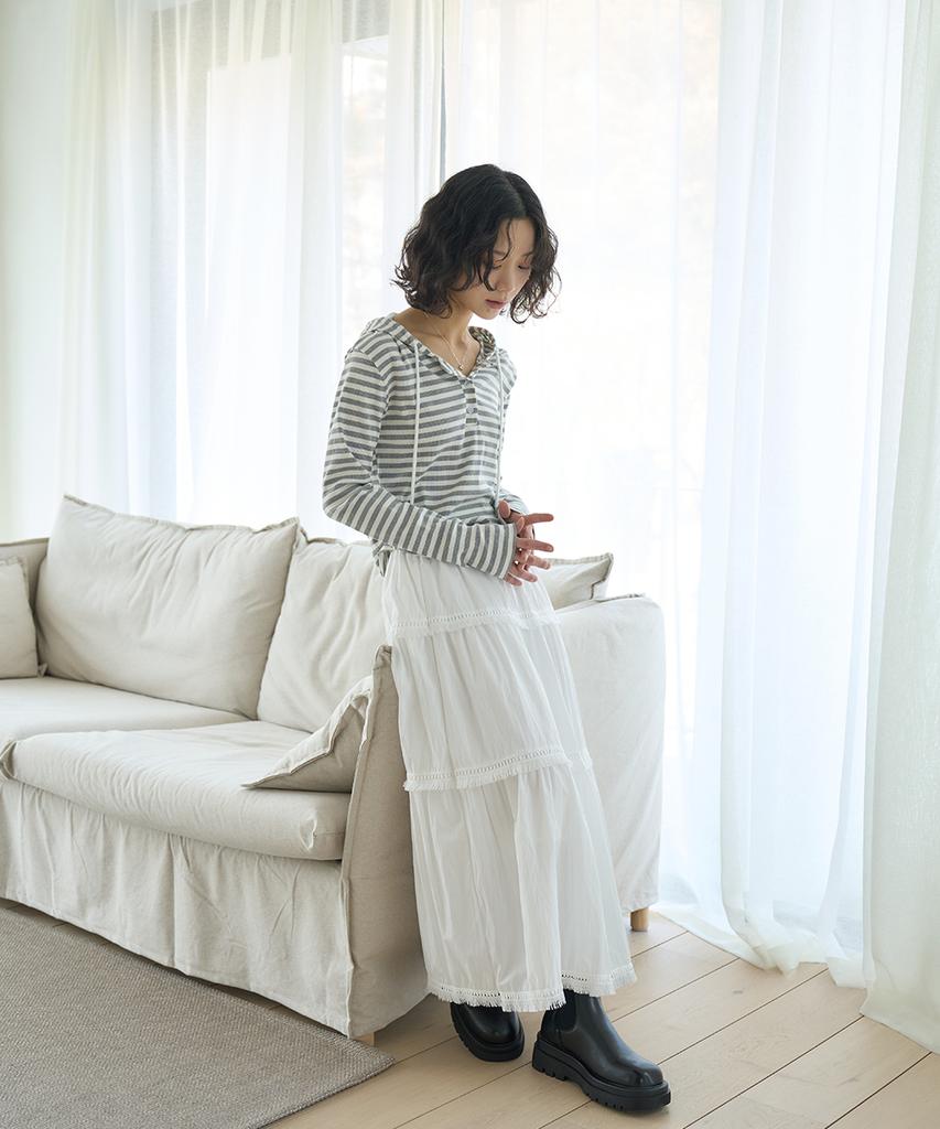 Striped Shirred Button Hoodie [Gray]