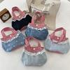 Bow Denim Plaid Handbag Korean Style Cute Coin Purse Portable Fresh Lace Handbag  Travel