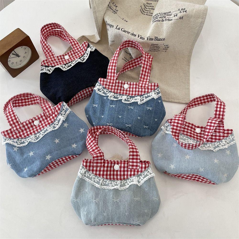 Bow Denim Plaid Handbag Korean Style Cute Coin Purse Portable Fresh Lace Handbag  Travel