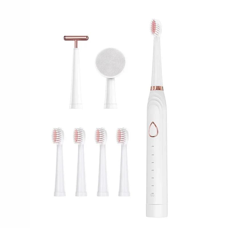 

3 в 1 USB перезаряжаемая ультразвуковая зубная щетка для взрослых 6 режимов чистки звуковая электрическая зубная щетка очиститель для лица моющаяся щетка белый