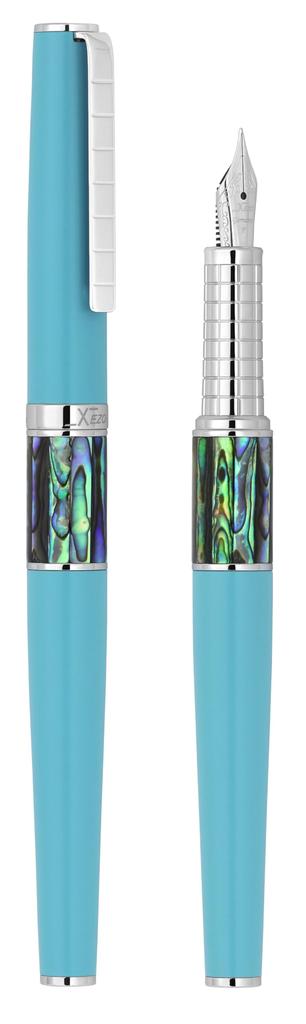 Xezo Speed Master Fountain Pen, Fine Nib. Matte Sky Blue, Paua Abalone Shell. Chrome-plated. Lightweight Brass Body.