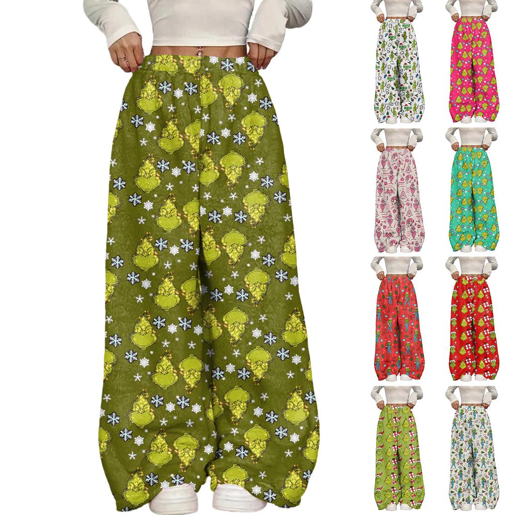 Women's Casual Christmas Print Elastic Waist Loose Fit With Plush Wide Leg Pants