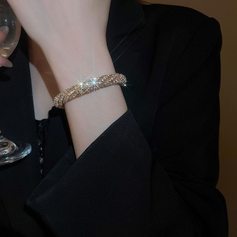 Sparkling Rhinestones Threaded Round Open Bangle Bracelet Adjustable Metal Wrist Jewelry Gift For Women Lady