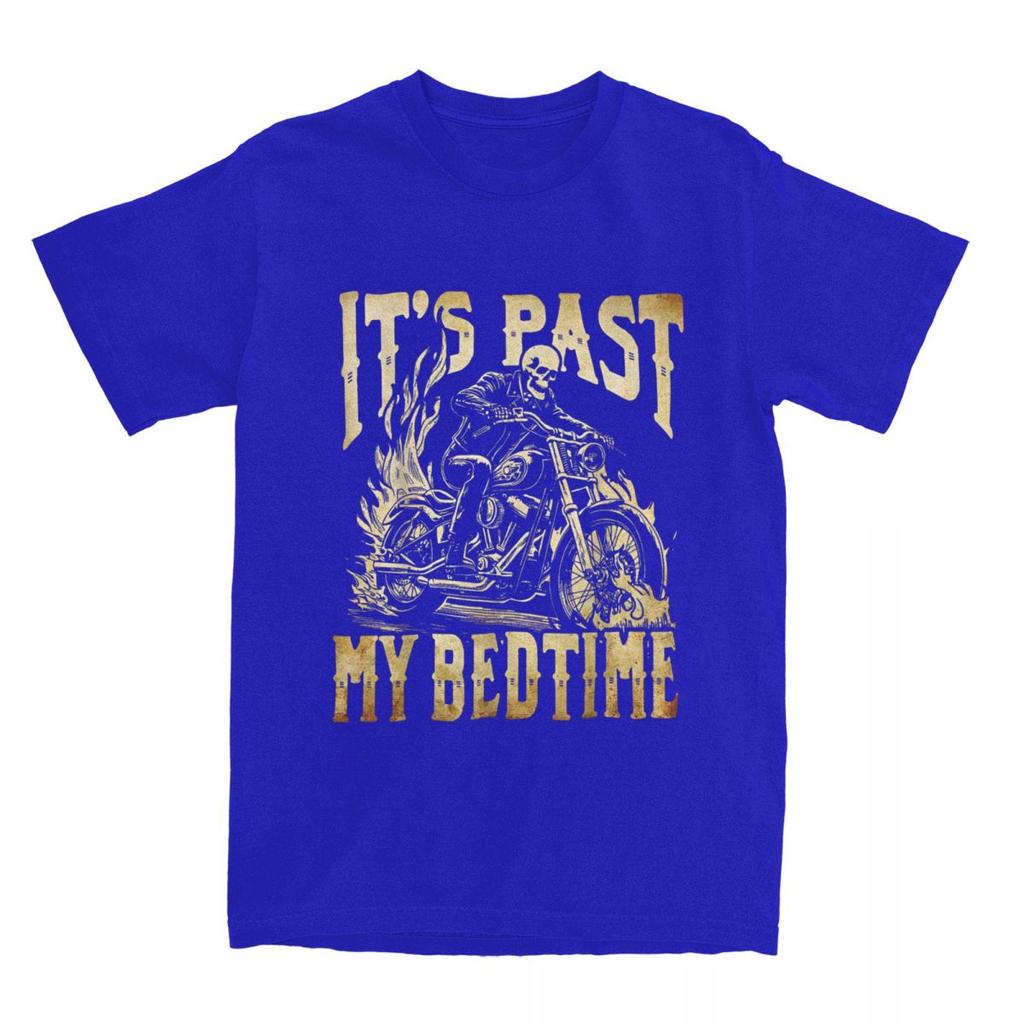 Funny Skeleton Motorcycle Its Past My Bedtime Meme Halloween T Shirt Y2K Cotton Cool Tee Shirt For Men's Short-Sleeve Tees