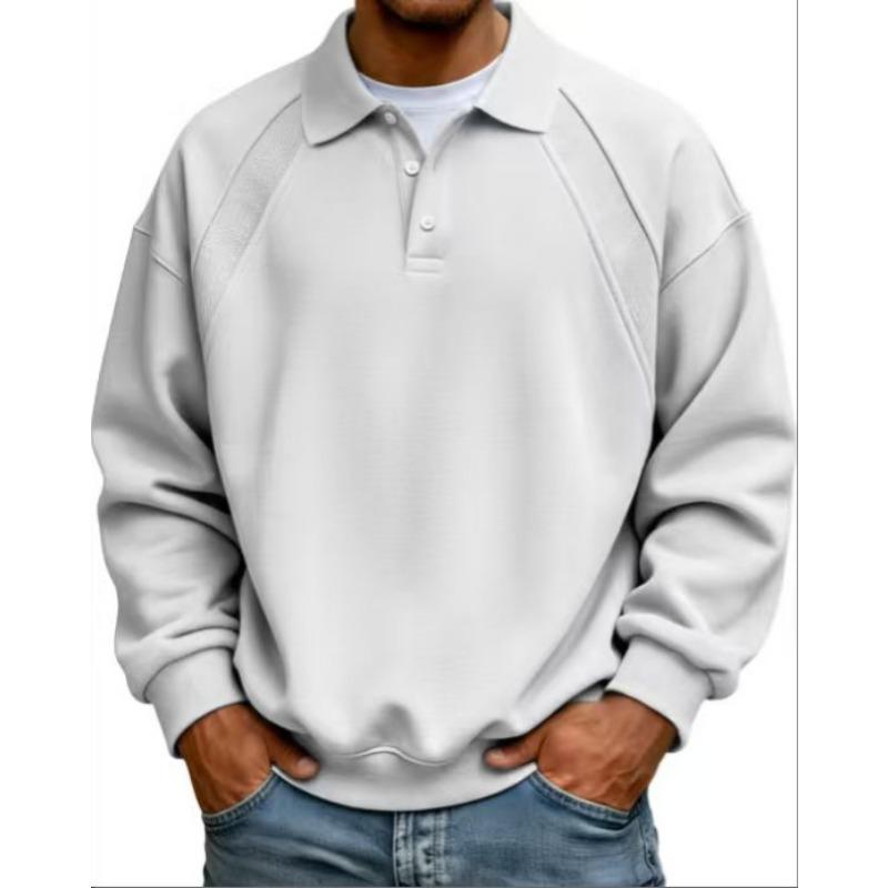 Men Raglan Sleeve Polo Sweatshirt Long Sleeve Button Placket Solid Color Loose Fit Casual Pullover