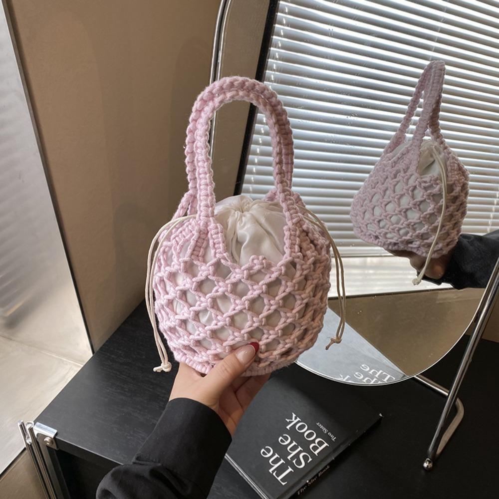 Mini Emmer Tas Gebreide Tas Bohemien Grote Capaciteit Geweven Tas Uitgesneden Koordtas Buiten roze