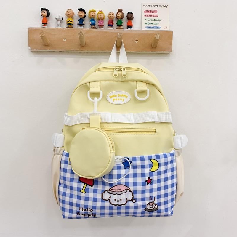 Large Capacity Kids Backpack With Grid And Cartoon Dog Print Design For Daily