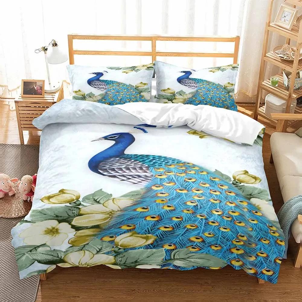 Comforter Print Leaves Bird Feathers Bed Sets Queen Size 100% Polyester Bedclothes 3Pcs Whole Set Peacock Bedding Set Bedroom