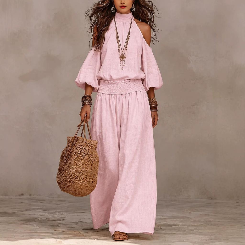 Damen schulterfreies Oberteil und Hose Set Lässig Elastische Taille Weite Hosen Boho Resort Kleidung Zweiteiliges Outfit