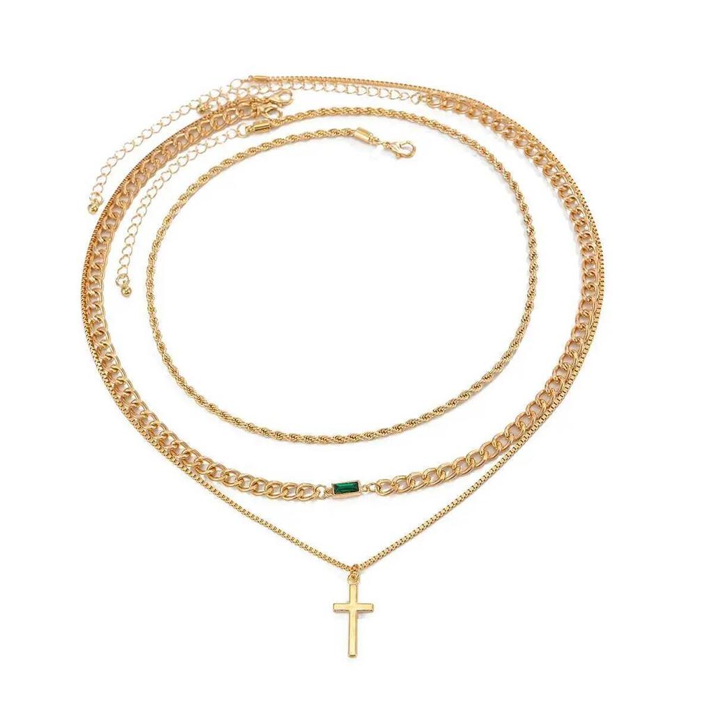 Salircon 3Pcs/Set Punk HipHop Metal Cross Pendant Necklace Men Trendy Gold Color Thin Snake Cuban Link Chain Necklace Jewelry