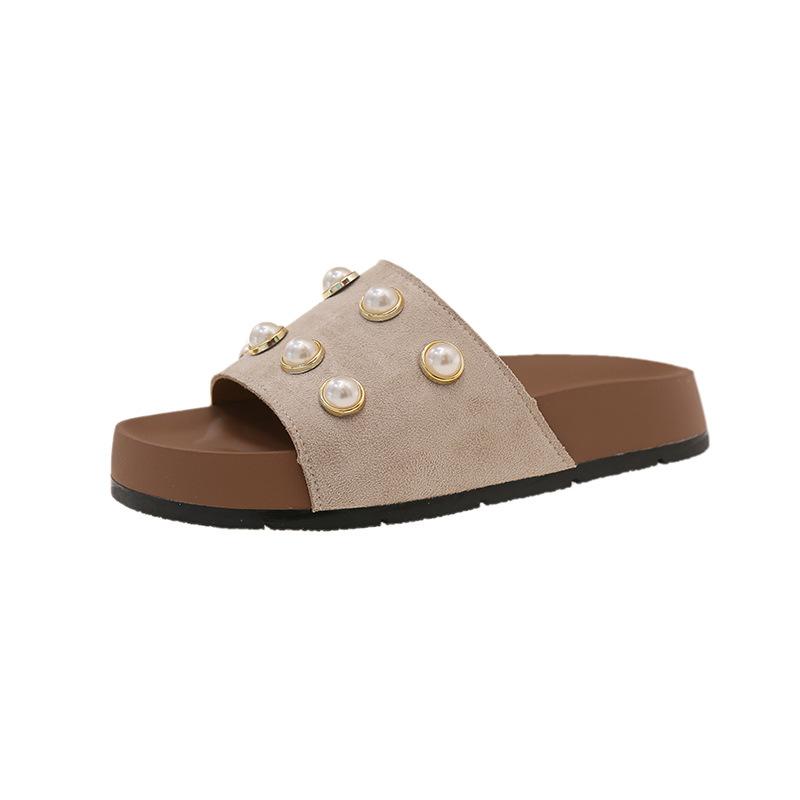

Frosted open-toed Borken slippers for women to wear 2025 summer Korean version of the new pearl one-word beach Roman slippers for women 35