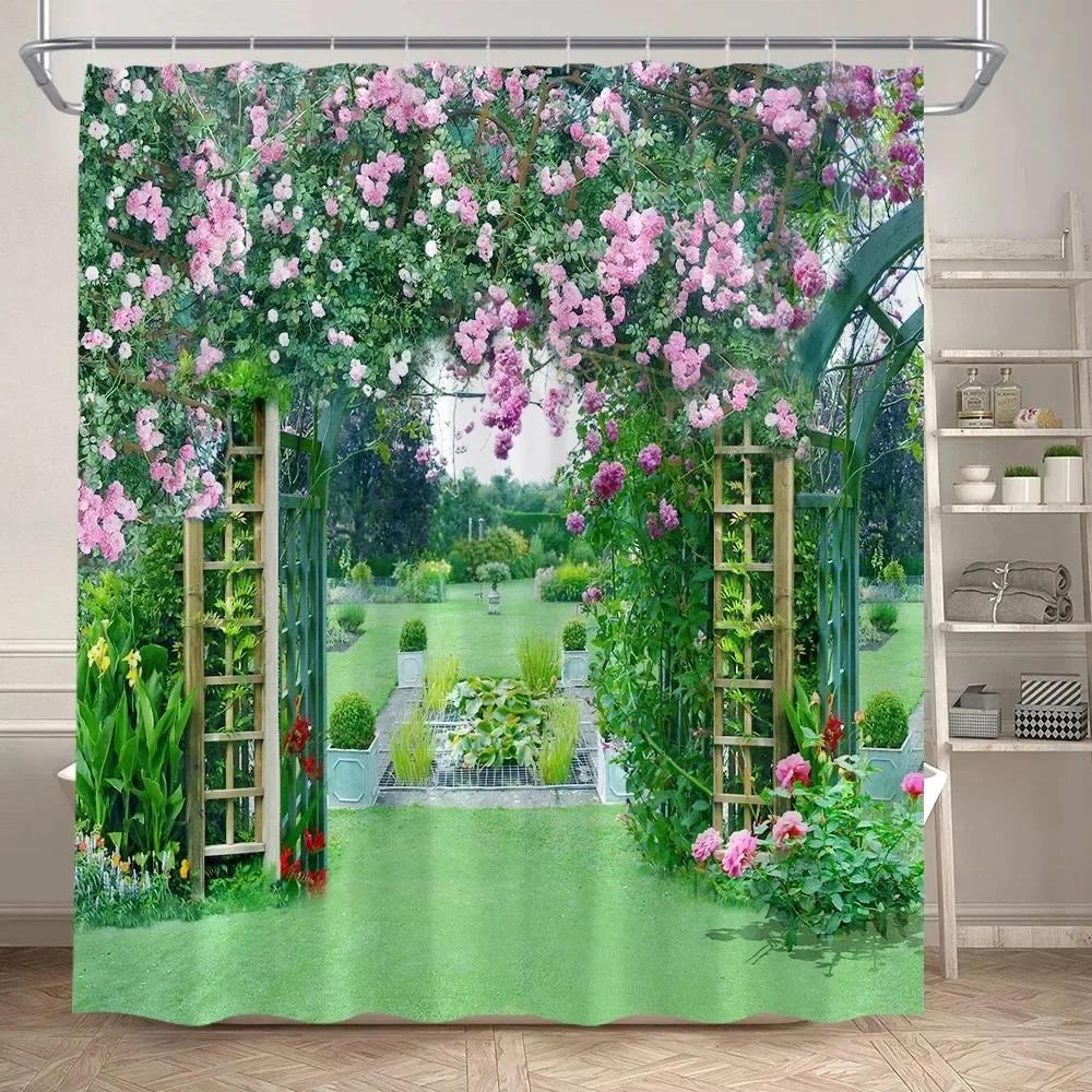 Fence Flowers Shower Curtains Blue Window Nature Floral Plants Scenery Modern Garden Wall Hanging Home Bathroom Decor With Hooks