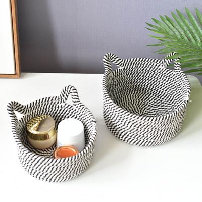 Small Woven Cotton Rope Storage Basket Cat Ear Decor Cute Storage Bin Dog Cat Pet Toy Box Cosmetic Snacks Braided Storage Basket