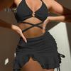 3-teiliges Badeanzug-Set für Damen, einfarbig, Wellenstruktur, sexy, geteilter Bikini mit Kordelzug, Rüschenbesatz, Rock, Schnürung, Strandmode