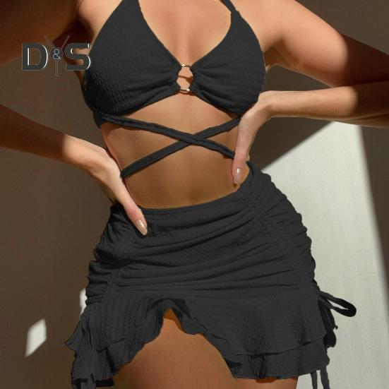 3-teiliges Badeanzug-Set für Damen, einfarbig, Wellenstruktur, sexy, geteilter Bikini mit Kordelzug, Rüschenbesatz, Rock, Schnürung, Strandmode