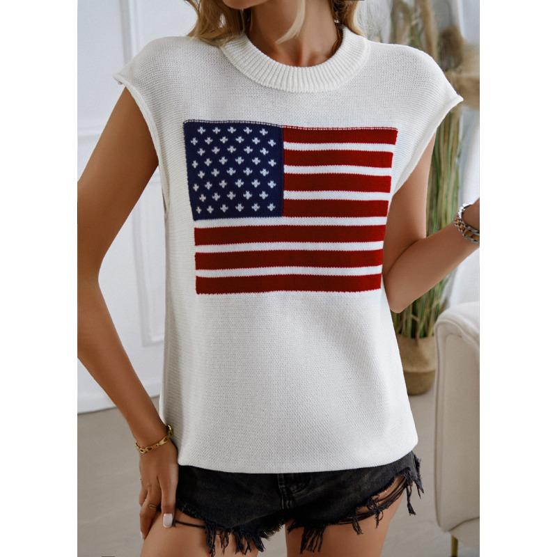Women's Spring Summer Independence Day Tops Casual Versatile Clashing Colours Sweater Vests