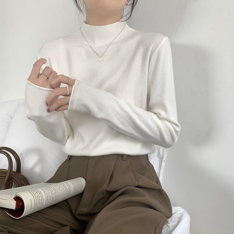 Semi-turtleneck camel knitted sweater women's spring relaxation simple long-sleeved inner top base