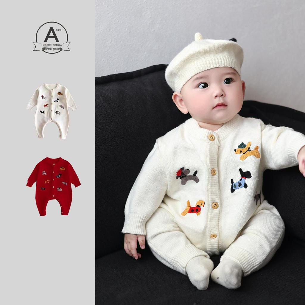 Festive Red Knit Baby Onesie - Autumn/Winter First Birthday Bodysuit
