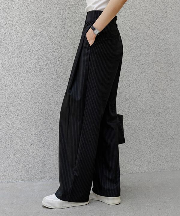 Peulenchisikeu [Life360] [3-Fold Length] Belle Époque Folding Pintuck Stripe Wide Slacks_F6S238Sl (E Type)