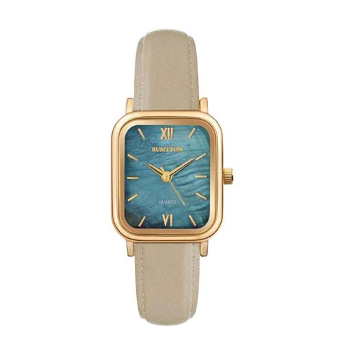 [RUMTTON] RUMTTON Harbor Blue Mother-of-Pearl Beige Band Leather Wristwatch Gold __