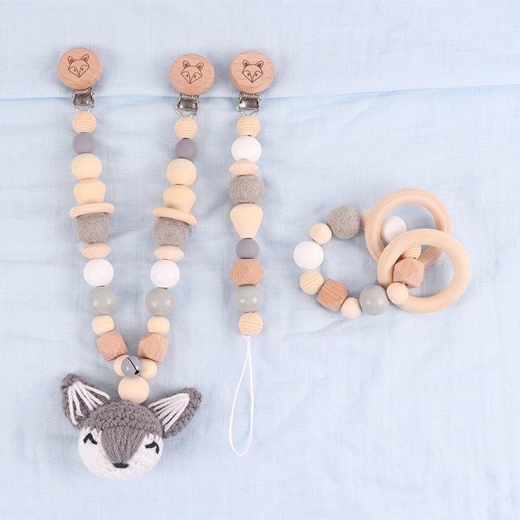 Hot Sell 3pcs/set Wooden Cartoon Animal Fox Shape Baby Pacifier Chain Set Wooden Teether for Babies серый