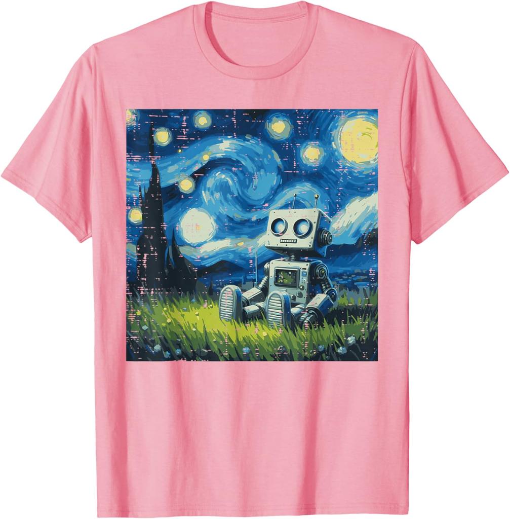 Starry Night Robot Graphic Tee Cotton Round Neck Casual TShirt Art Painting Print Tops for Men Women