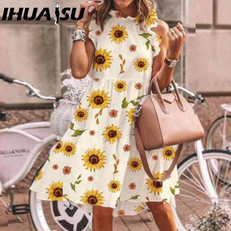 IHUASU Women Floral Print Dress Loose Streetwear Knee Length Sleeveless Ruffle Party Dress S-3XL
