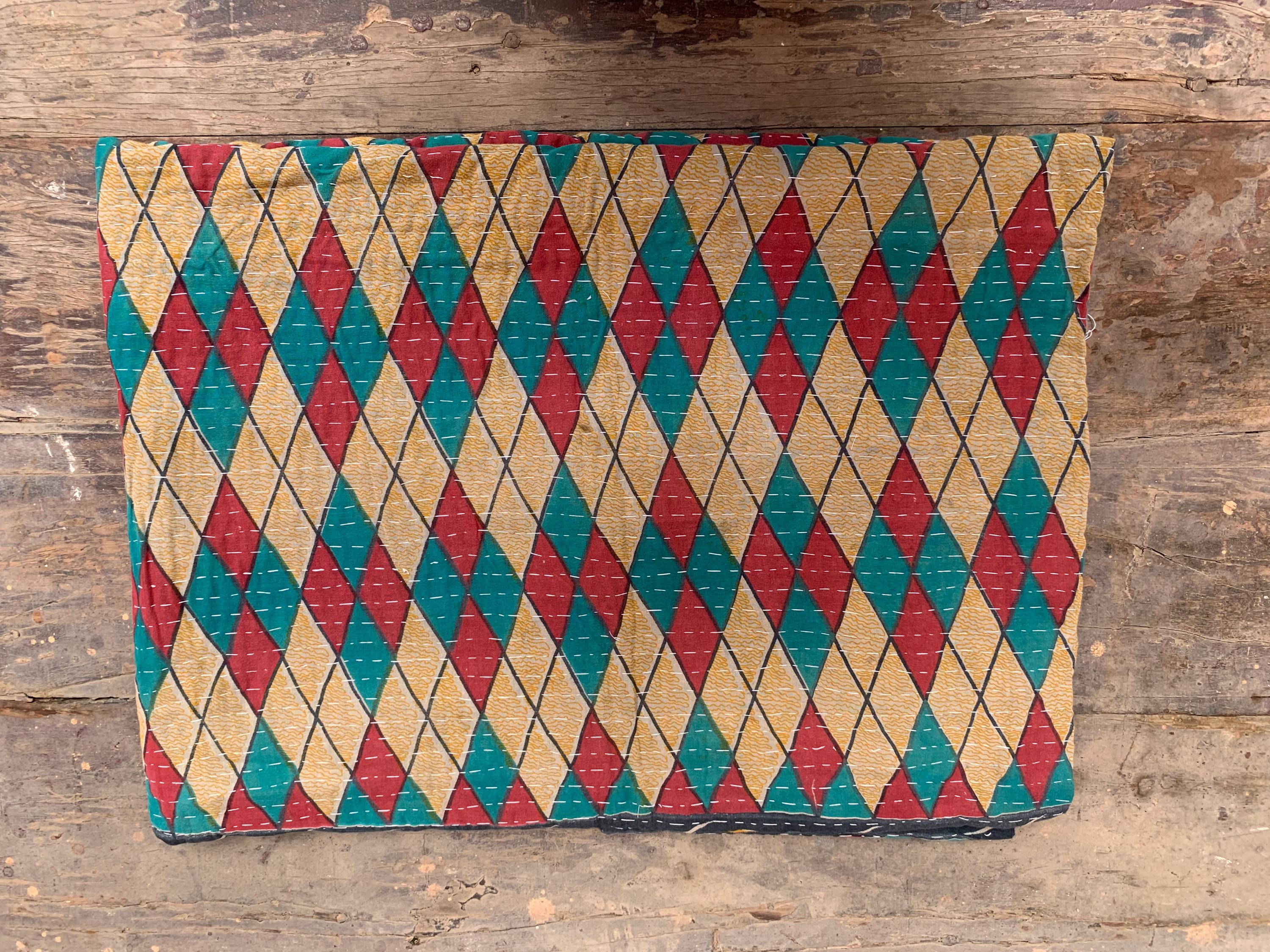 

Boho Kantha Quilt: Hand-Stitched Indian Cotton Throw Blanket 80X 50