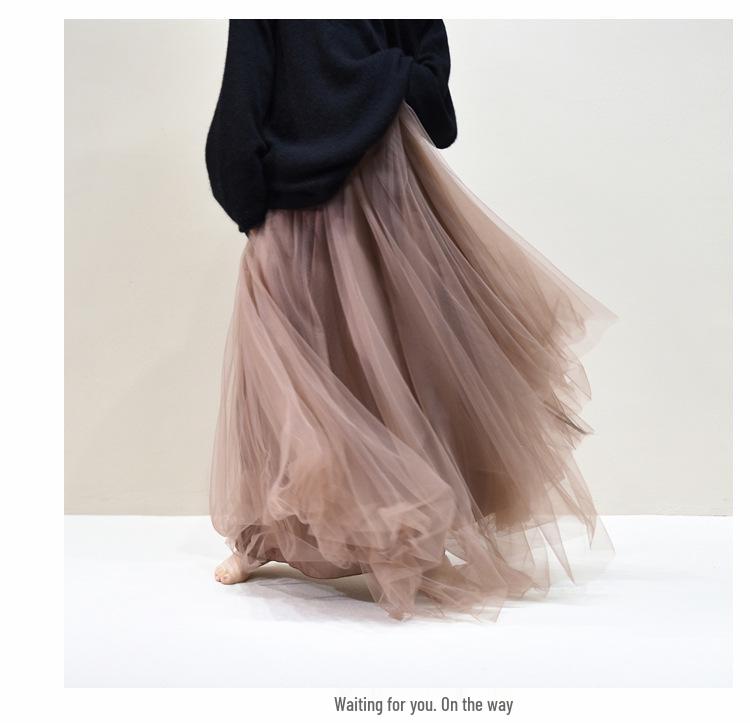 Women's Mesh Pleated Tulle Midi Skirt - Mid-Length, Large Swing Design for Dance and Fairy Styles.