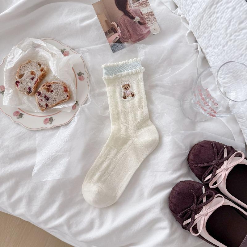 Cute Little Bear Embroidered Socks - Children's Cartoon Plush Socks, Thin Style with Lace and Boneless Bows