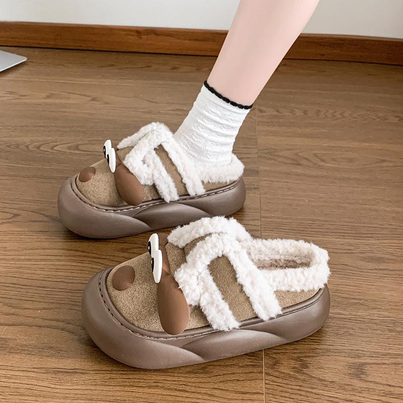 Dámské roztomilé kreslené plyšové pantofle - Teplé a hřejivé bavlněné zimní domácí pantofle na pult pro dívky, sladké silné dno, plyšové ležérní vnitřní boty